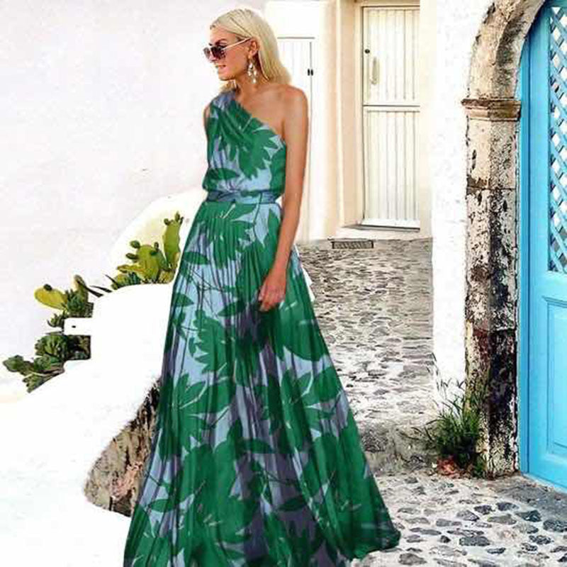 Spring New Women Clothing   Digital Printing Leaves Patchwork Cold-Shoulder Printing Maxi Dress