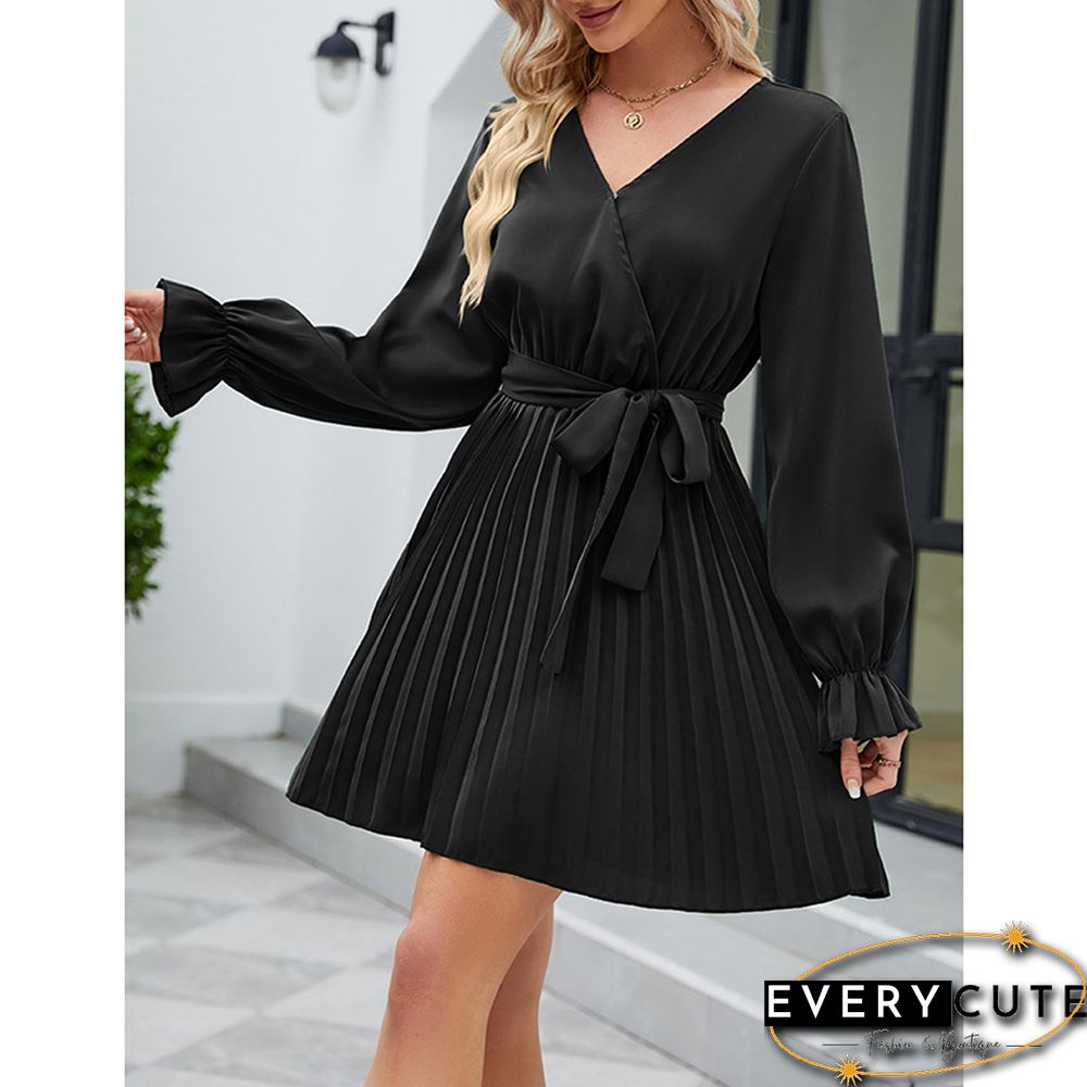 Black V Neck Long Sleeve Pleated Mini Dress with Belt