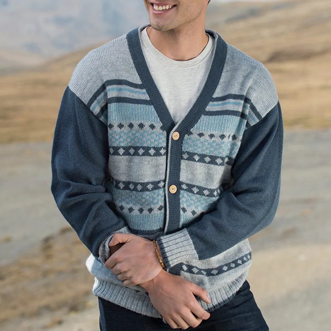 Retro Gray Blue Geometry Knitted Sweater Cardigan