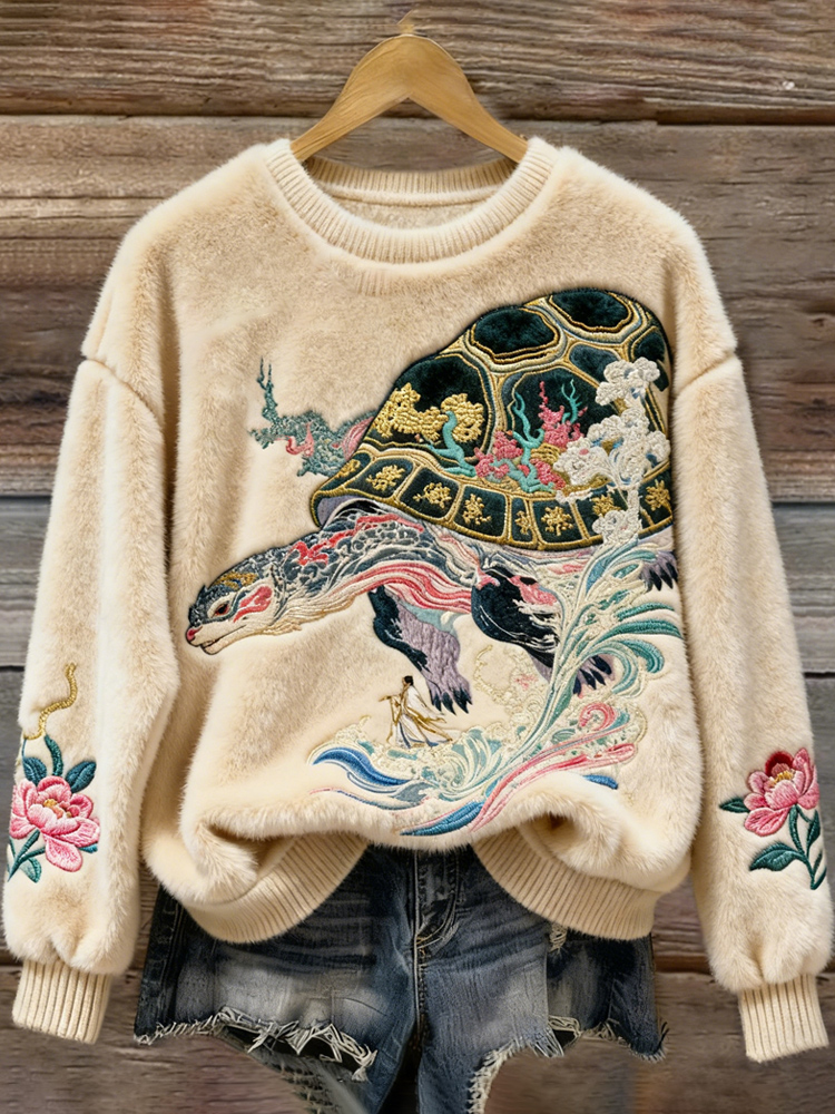 Japanese-style Divine Tortoise Embroidery Design Women's Flannel Sweater