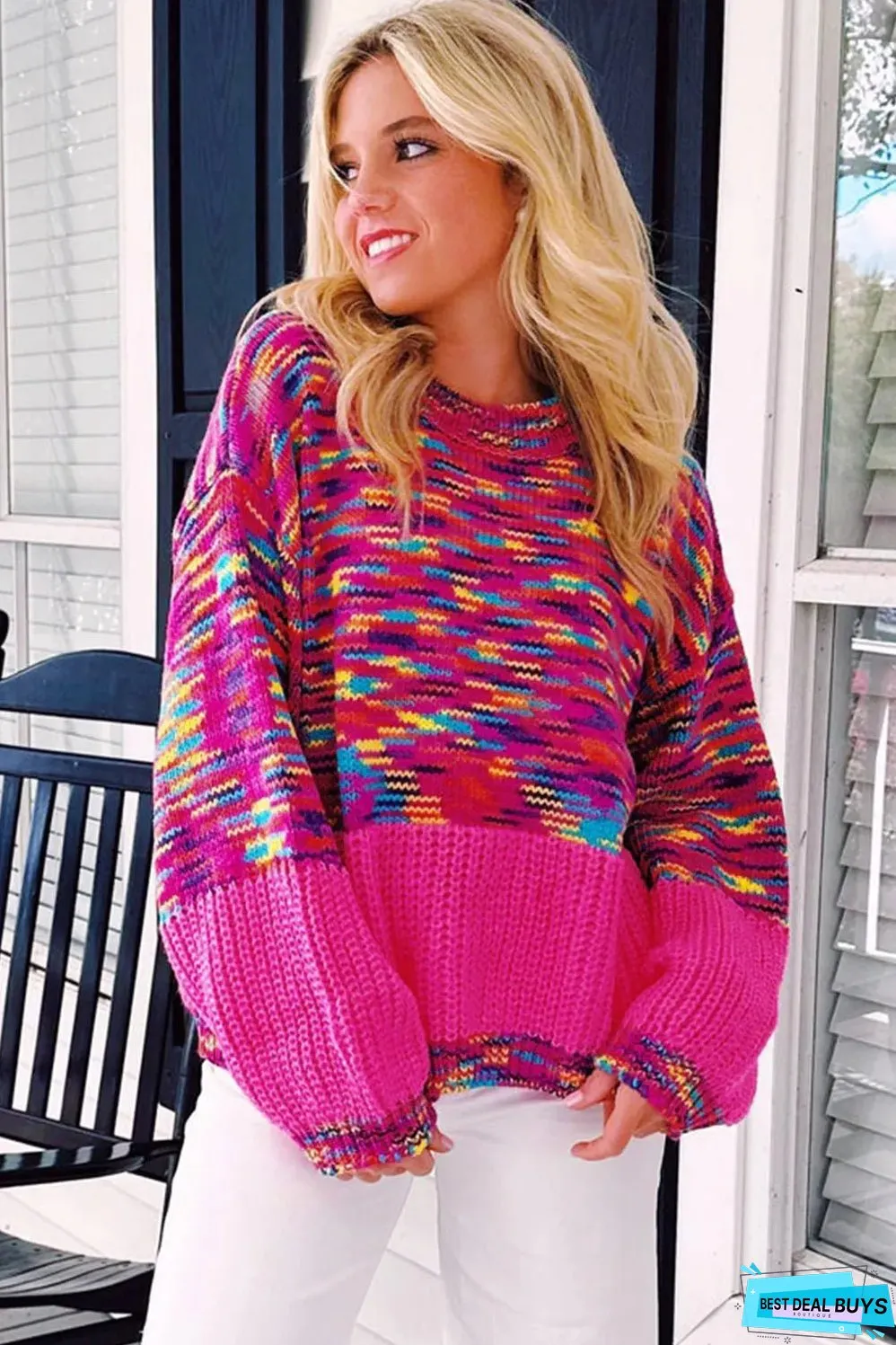 Bright Pink Rainbow Confetti Drop Shoulder Sweater