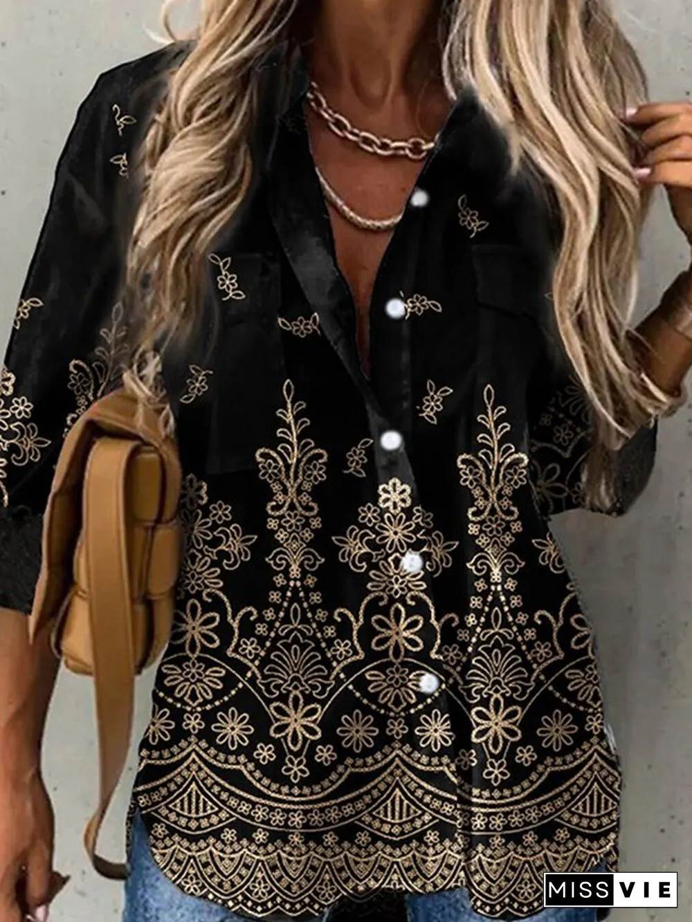 Women Casual Ethnic Autumn Polyester Lightweight Regular H-Line Shirt Collar Regular Size Blouse