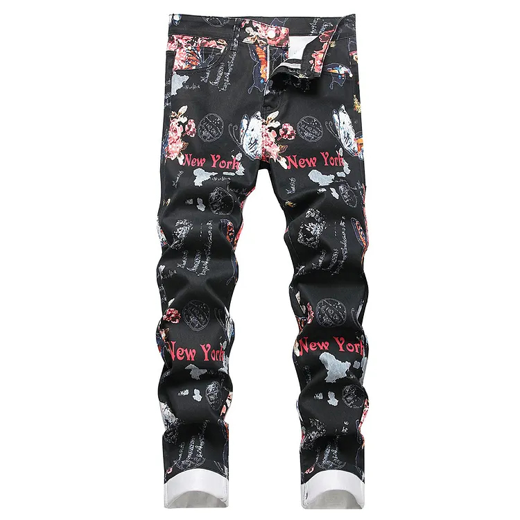 Men's Floral Butterfly Digital Print Jeans | New York Graphic Stretch Denim Pants Slim Fit Black Summer Festival Trousers