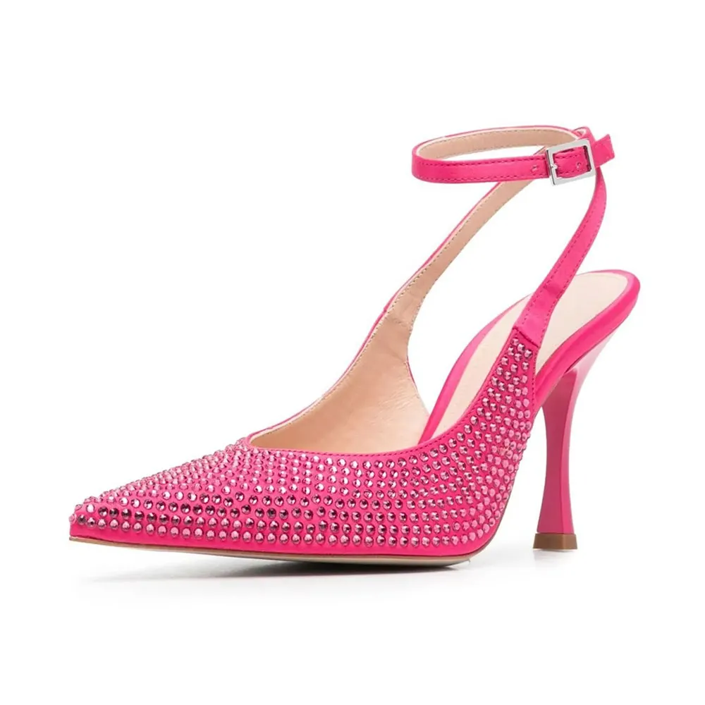 Hot Pink Satin Pointed Toe All-Over Rhinestone Ankle Strap Pumps Heels