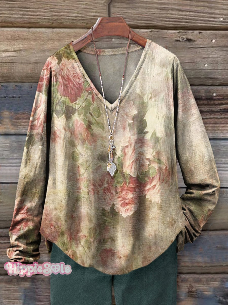 Women&rsquo;s Rose Floral Art Print 100% Cotton Casual V-Neck Long Sleeve Shirt Multicolor / S