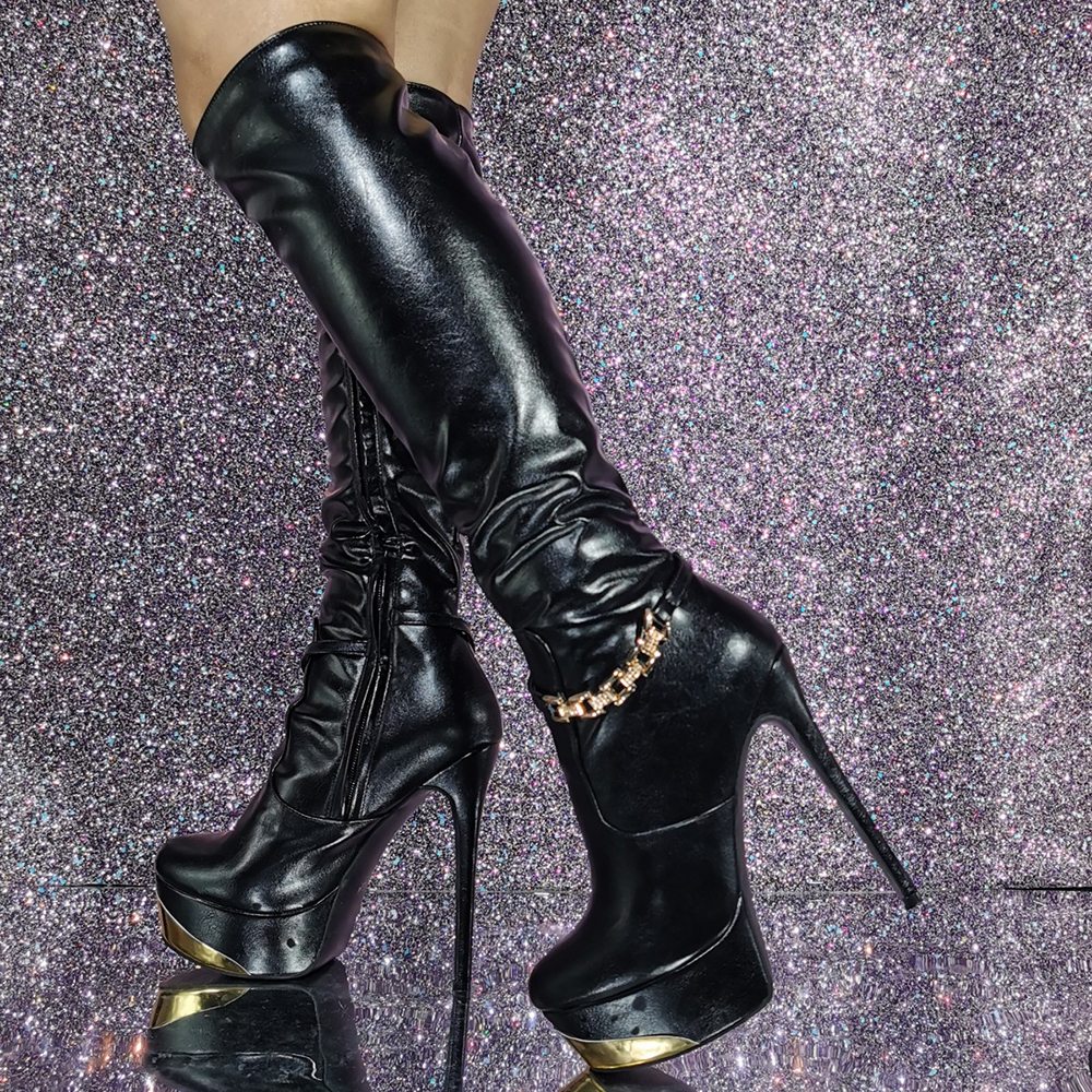 GOOSHOE Metal Chain Slim Heels Women Round Toe Thick Platform Long Booty Side Zipper Knee High Boots