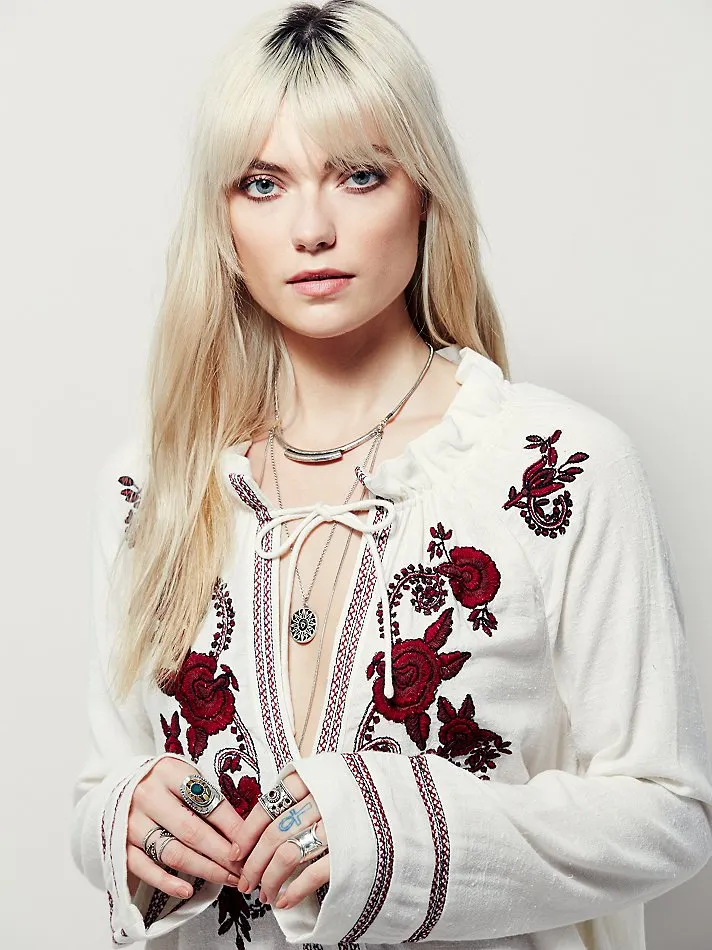 Embroidered Floral V-neck Lace-up Flower Shirt