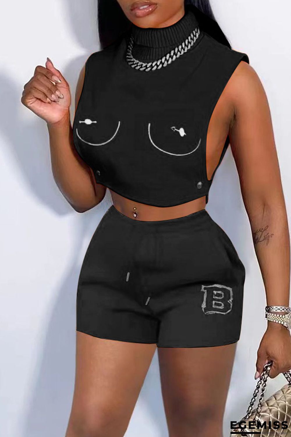 Black Casual Solid Embroidered Patchwork Turtleneck Sleeveless Two Pieces | EGEMISS