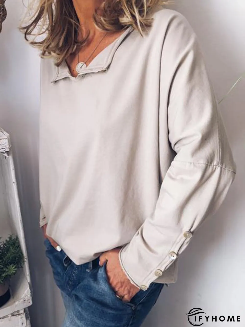 Casual Cotton V Neck Long Sleeve T-Shirt | IFYHOME