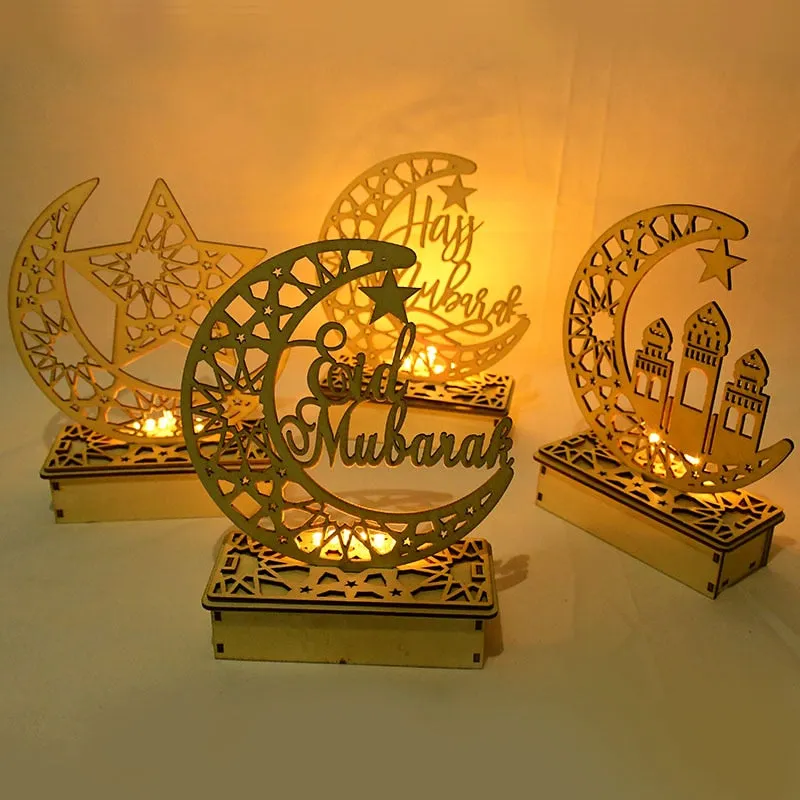 LED Eid Mubarak Wooden DIY Craft Ornament Pendant Islam Muslim Party Home Decoration Al Adha Ramadan Kareem Event Party Supplies