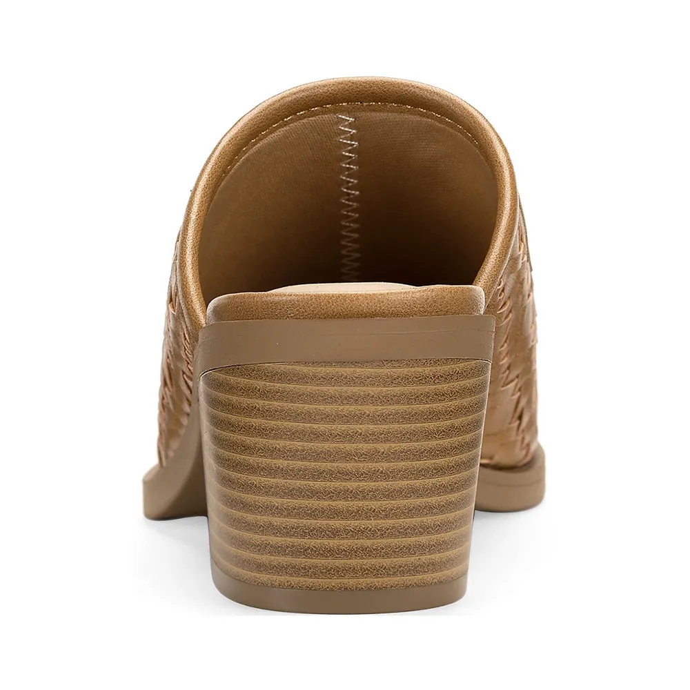 Brown Vegan Leather Pointed Toe Chunky Heel Comfy Slip On Mules Shoes