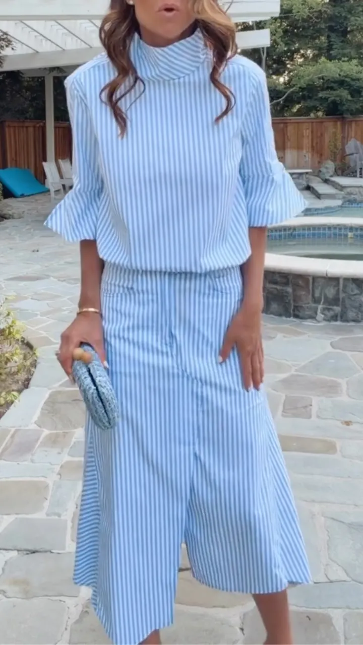  Blue Striped Turtleneck Flare Sleeve Irregular Midi Skirt Two Piece Outfit