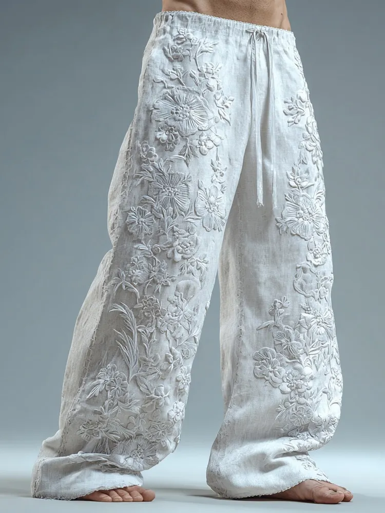 Men's Floral Lace Embroidered Comfy Linen Pants