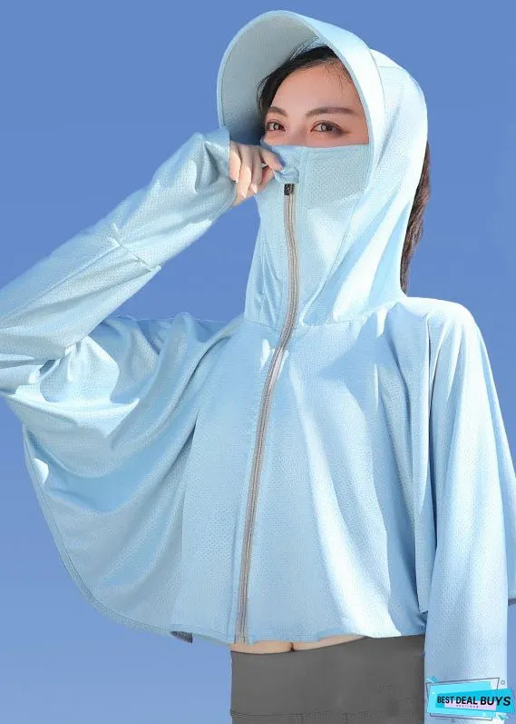 Unique Grey Hooded Zippered Patchwork Ice Silk UPF 50+ Coat Summer