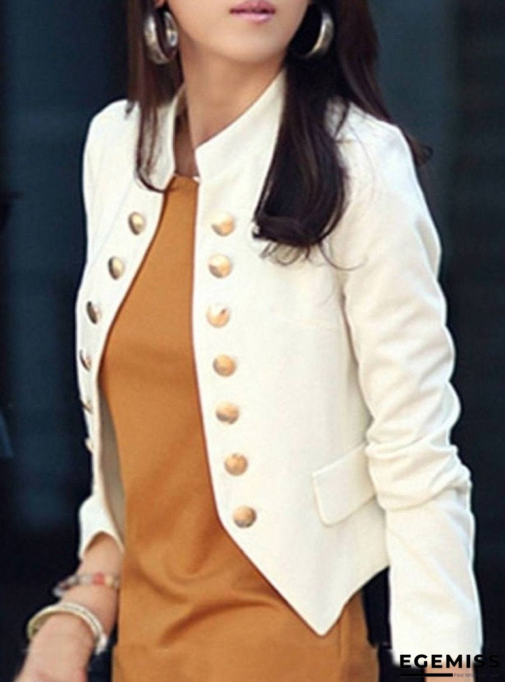 Ladylike Double Breasted Band Collar Blended Plain Blazer | EGEMISS
