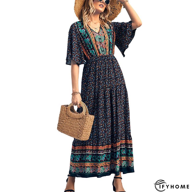 Women Vintage Boho V Neck Summer Weaving Dress | IFYHOME