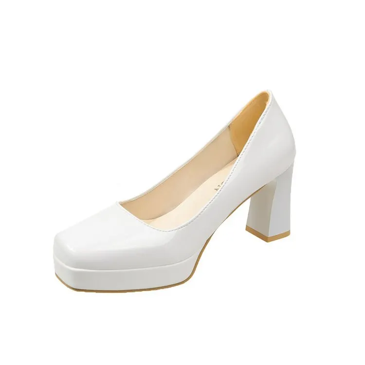 Churchf Churchf Size Square Head High Heels Fashion Waterproof Platform Women's Fashion Cover Foot Bright Skin Thick Heel Work Single Shoes