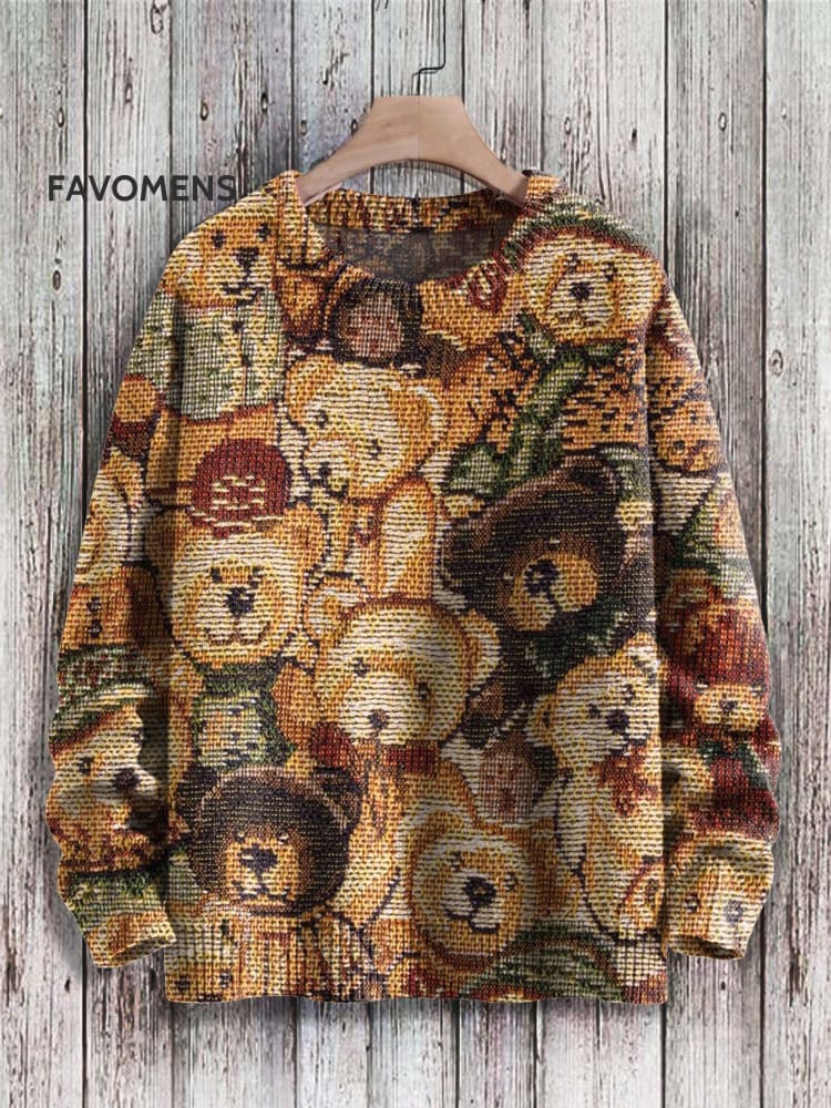 Vintage Cute Bears Art Print Casual Knit Pullover Sweater Multicolor / S