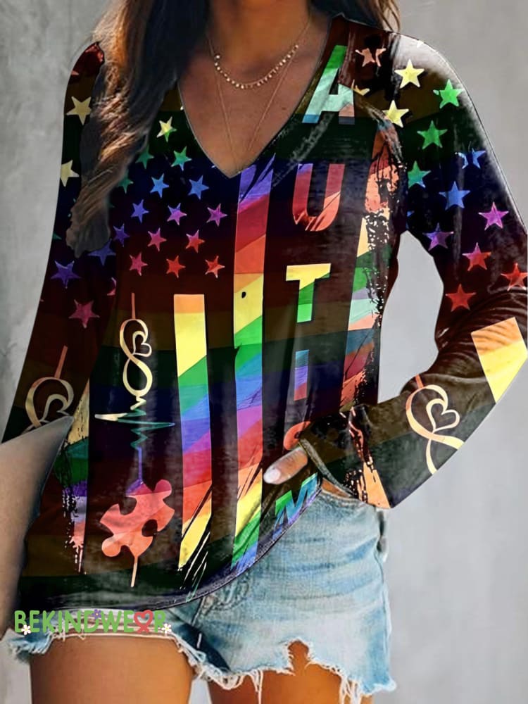 Autism Rainbow Flag Print V-Neck Long Sleeve Top Multicolor / S
