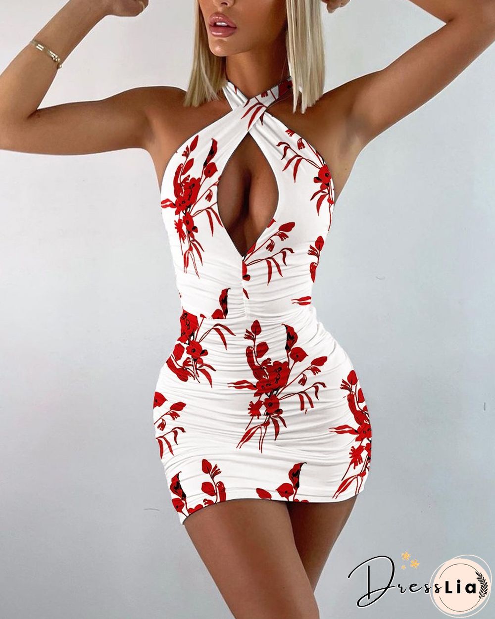 Halter Floral Print Cut-Out Ruched Bodycon Mini Dress