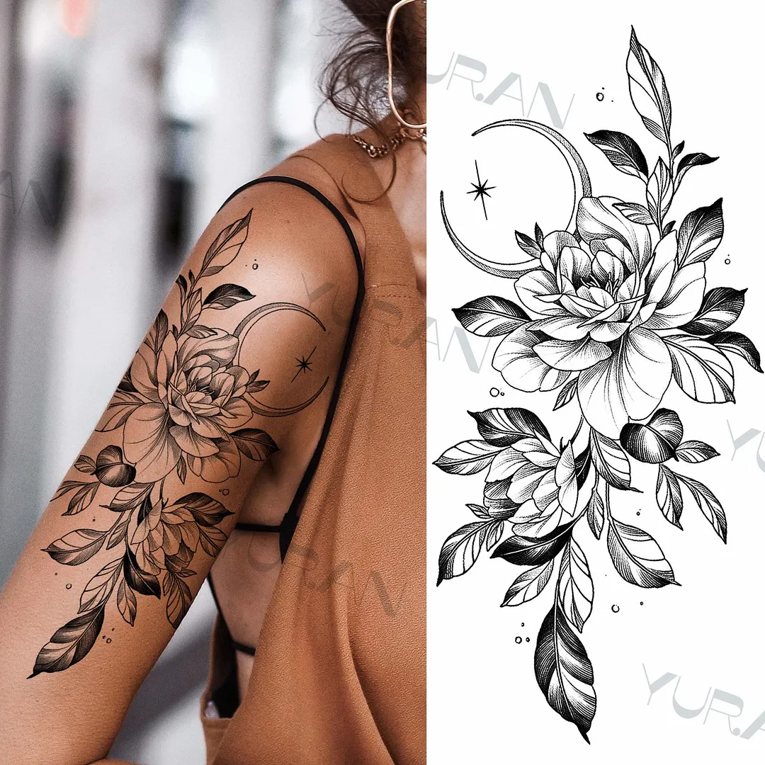 Black Large Snake Flower Fake Tattoo Sticker For Women Dot Rose Peony Temporary Tattoos DIY Water Transfer Tatoos Girls 530