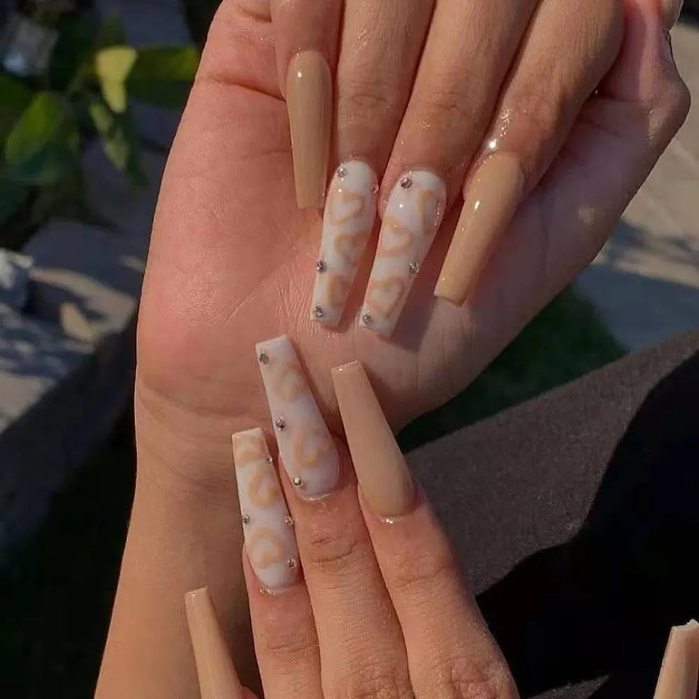 24pcs/Box Matcha Green Color With Rhinestone Long Coffin False Nails Full Cover Ballerina Press On Nails Wearable Fake Nails