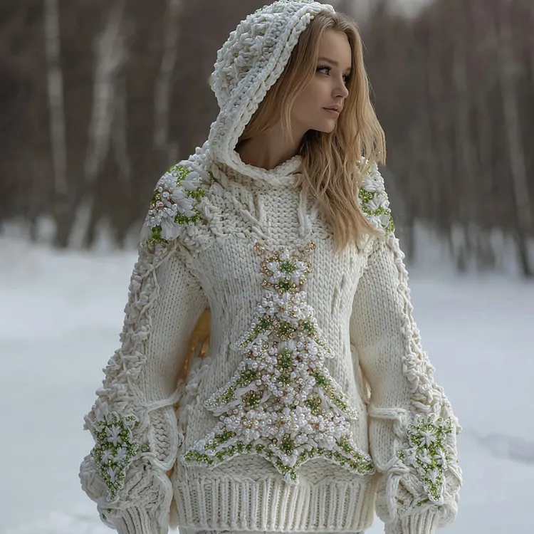 Women's Pearl Christmas Tree Knit Jacquard Hooded Sweater