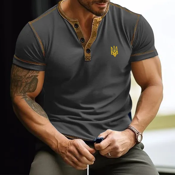 Men's Ukraine Trident Embroidered Casual Henley T-shirt