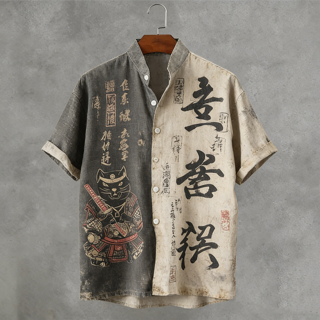 Men's Retro Japanese Black Cat Samurai Calligraphy Art Pattern Casual Shirt elevenforest