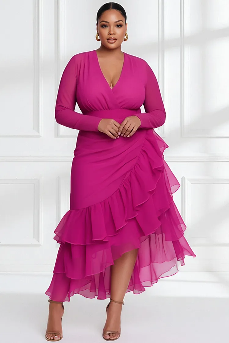 Xpluswear Design Plus Size Wedding Guest Hot Pink V Neck Long Sleeve Ruffle Asymmetric Hem Irregular Hem Midi Dresses 2024 - Xpluswear