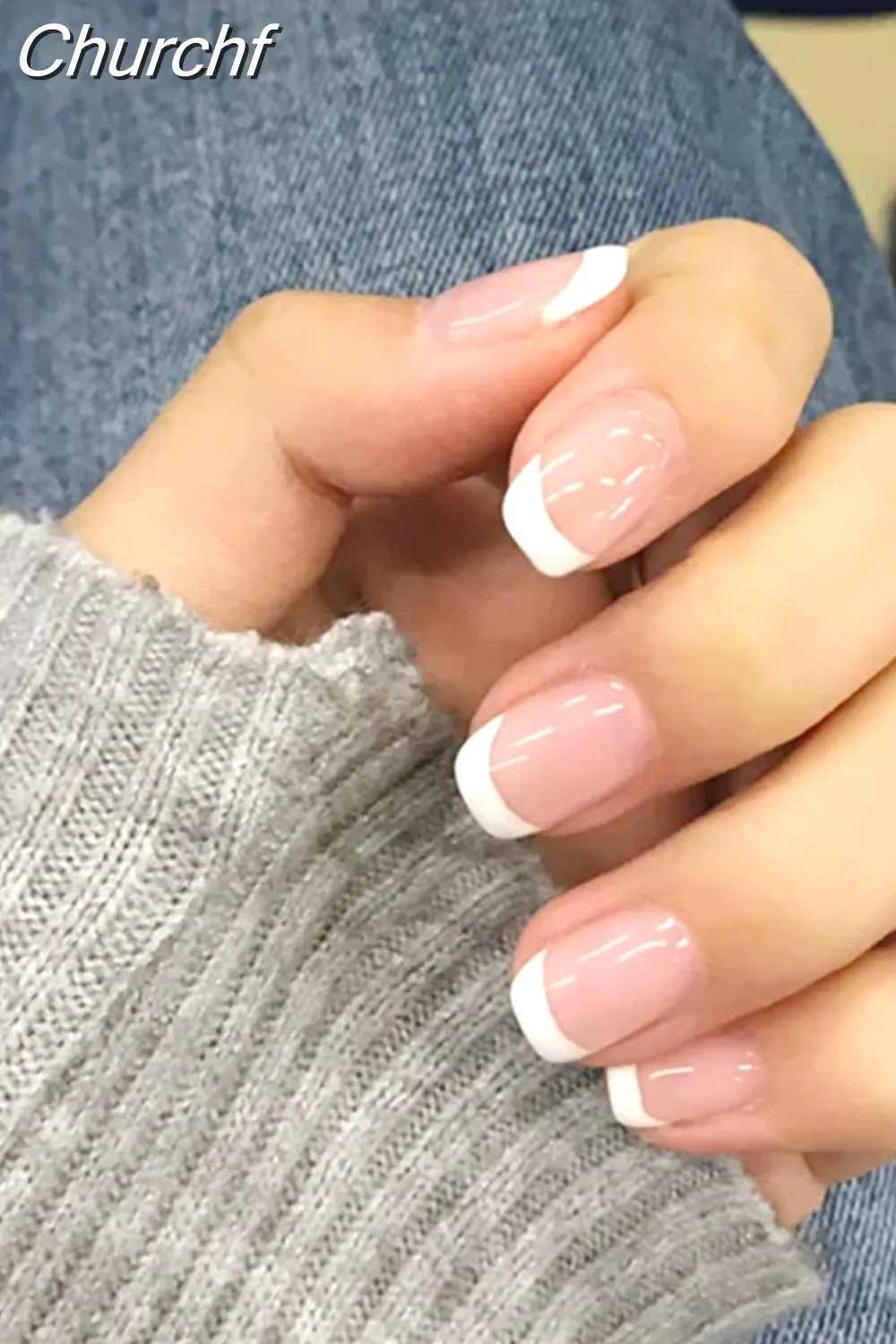 Churchf French White Side False Nails Wearable Rhinestone Desgin Fake Nails Short Simple Nail Full Cover Nail Tips Press On Nails-Nail Inspo