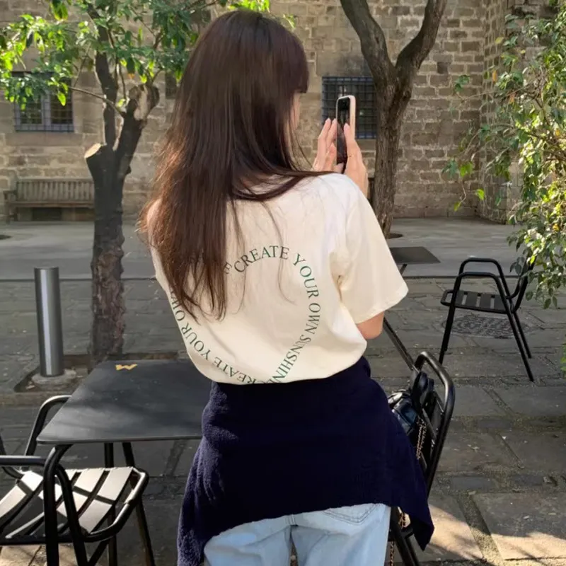 Churchf Churchf Chic Summer Temperament Versatile Round Collar Back Letter Print Design Loose Casual Short-Sleeved T-Shirt Jacket