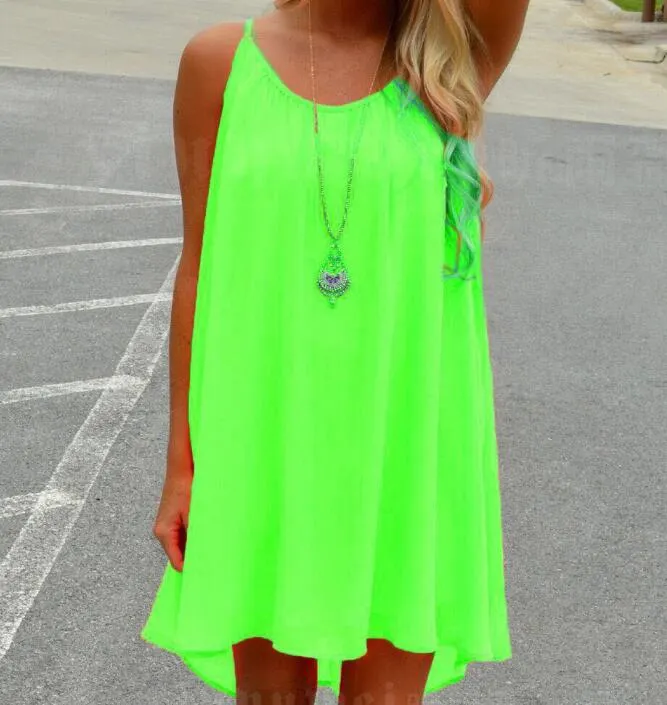 CUHAKCI Chiffon Mini Dress Women Summer Beach Sleeveless Fluorescence Female Clothing Loose
