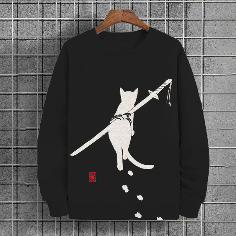 Men's Colorblock Japanese Samurai Cat Printed Casual Sweatshirt  artssus