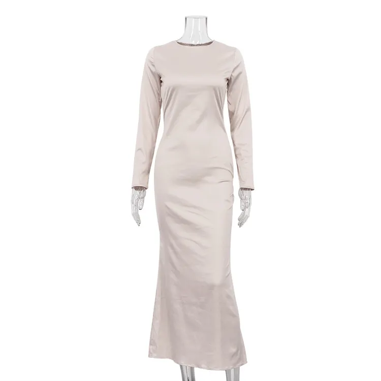 Uveng Uveng Women's Early Spring New Satin Hanging Feeling Long Skirt Round Collar High Waist Fashion Long-Sleeved Dress