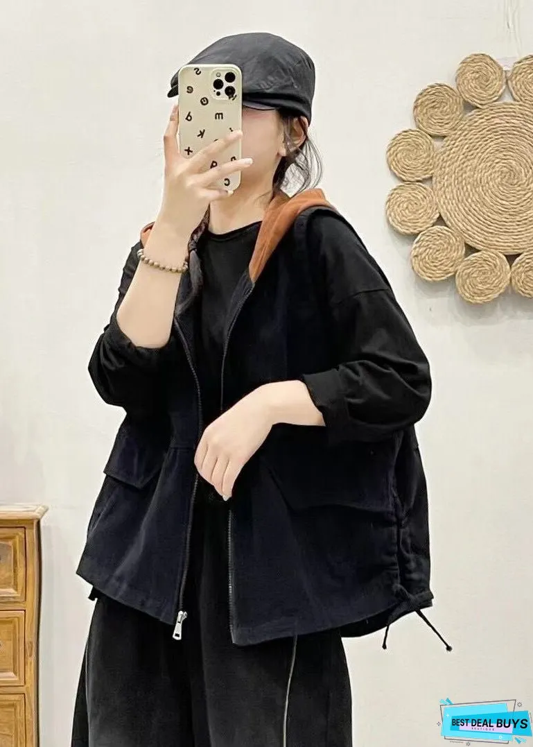 Women Khaki Hooded Zippered Patchwork Denim Vest Sleeveless