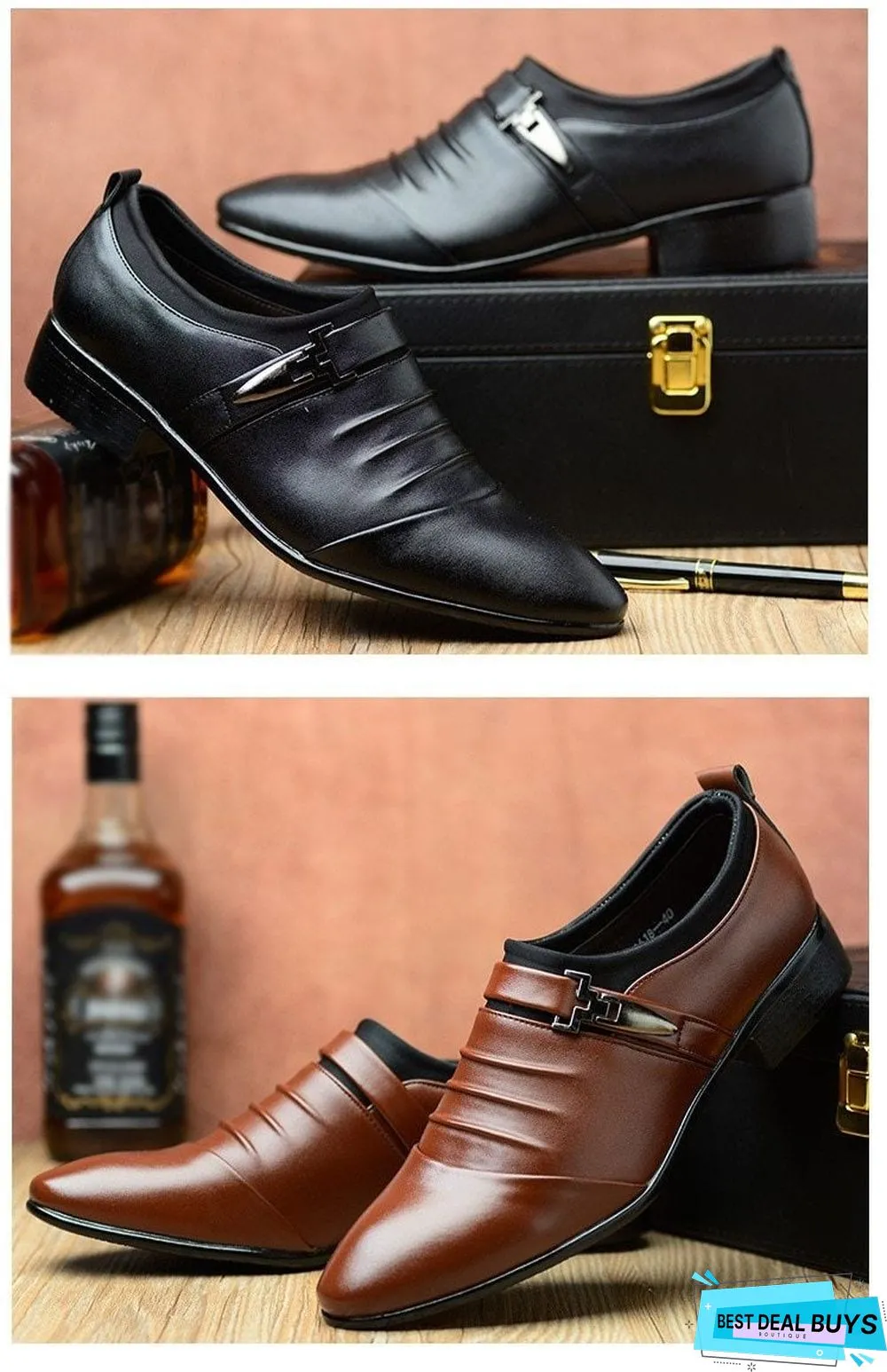 Men Pu Leather Pointed Toe Flat Slip-On Business Wedding Oxfords Shoes