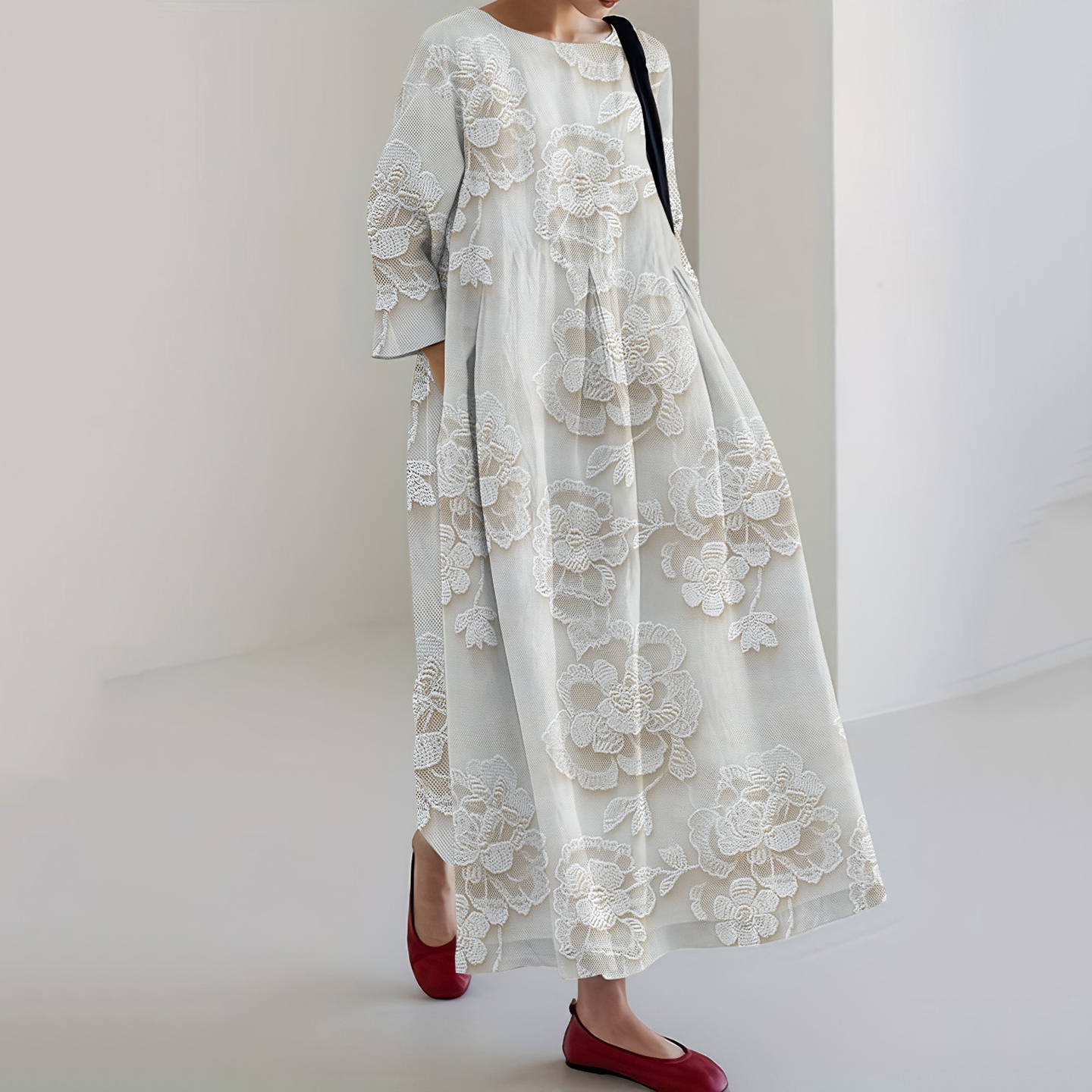 Lace Floral Print Round Neck Loose Midi Dress artswardrobe