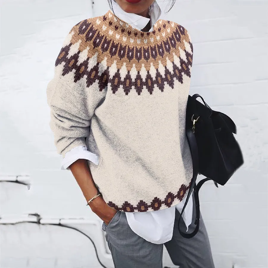 Vintage Icelandic Pattern Knitted Jacquard Crew Neck Sweater
