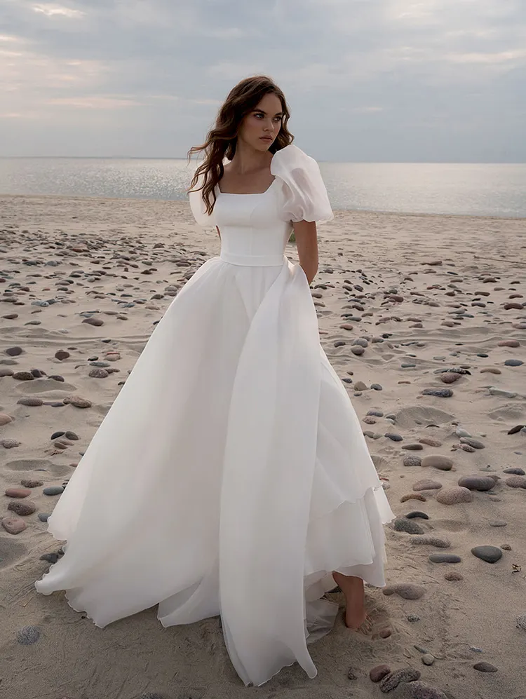 Boho A Line Sweetheart Wedding Dress Puff Sleeve Backless Bohemian Bridal Gowns