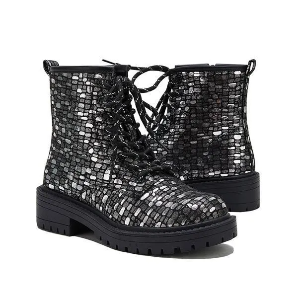 Women Sexy Sequin Lace-Up Ankle Chunky Heel Boots