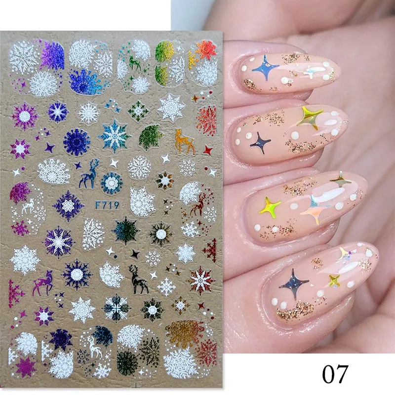 3D Christmas Nail Art Decoration Stickers Sparkly Gold White Colorful  Glitter Geometry Snowflake Winter Slider Nail Foils-Nail Inspo