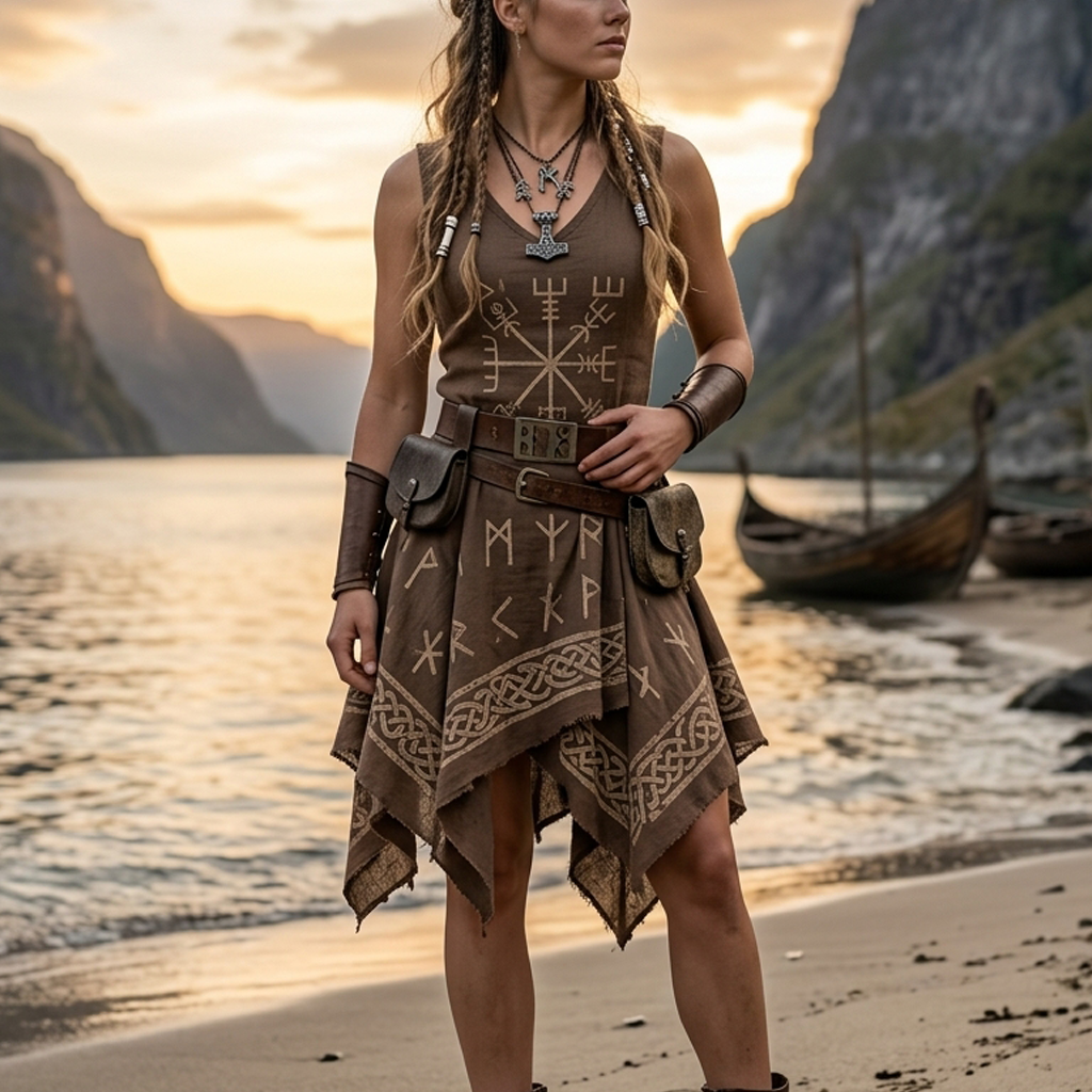 Cotton Linen Viking-Inspired Boho Maxi Dress with Nordic Symbols and Fringed Hem
