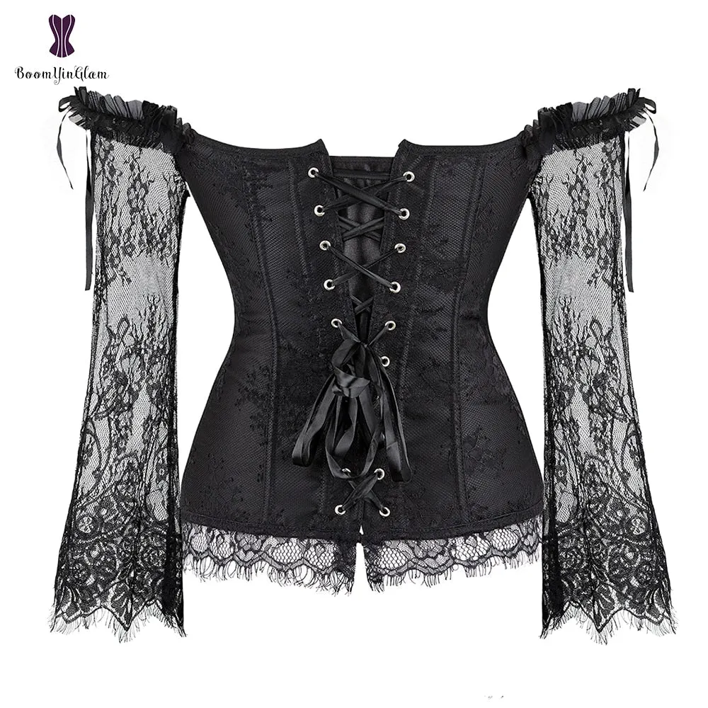 Corset Top Bustier Lingerie Women with Long Sleeves Renaissance Plus Size Lace Floral Sexy Costumes Burlesque Red Black