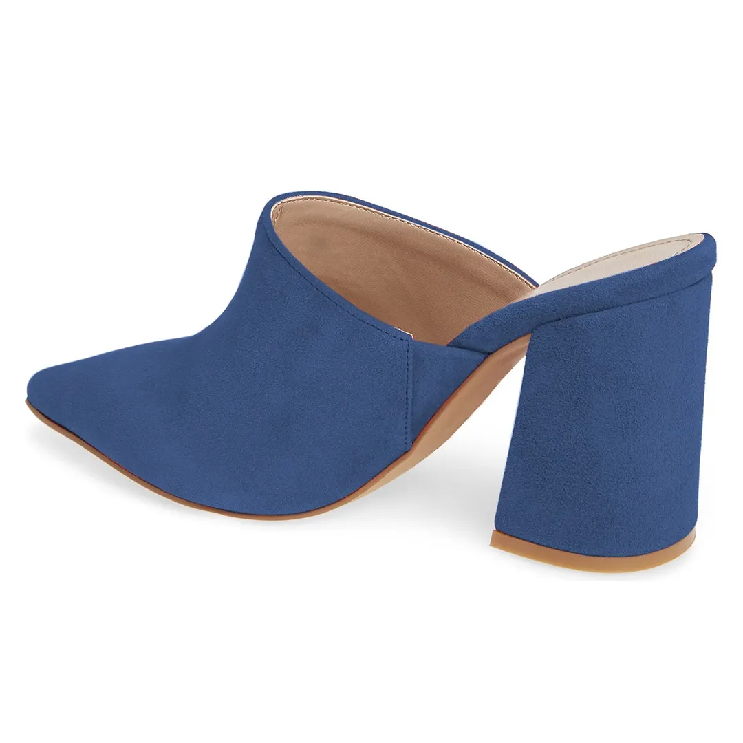 Elegant Navy Slip On Block Heel Vegan Suede Pointy Toe Mules