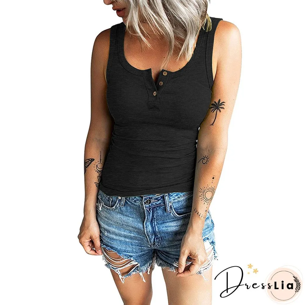Women Tanks Tops Y2k Casual Button Sleeveless Square Neck Solid Color Vest Ribbed Tops Knitwear For Summer Spring