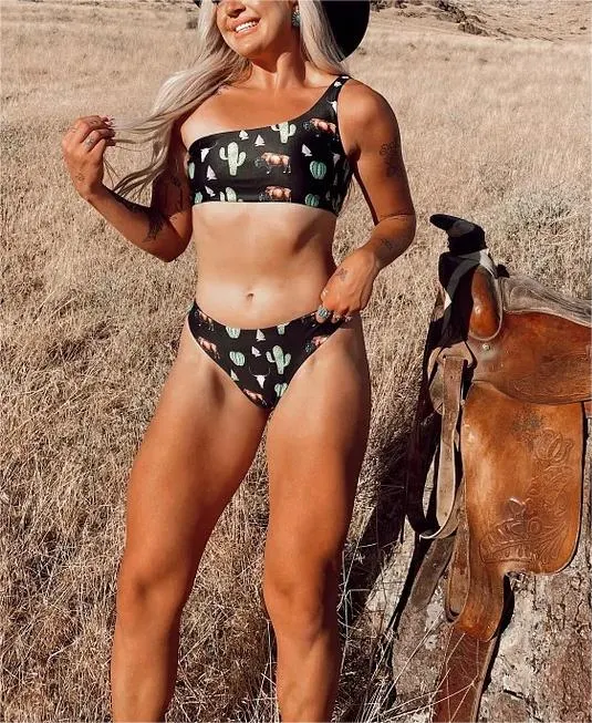 Sexy black western cactus print bikini