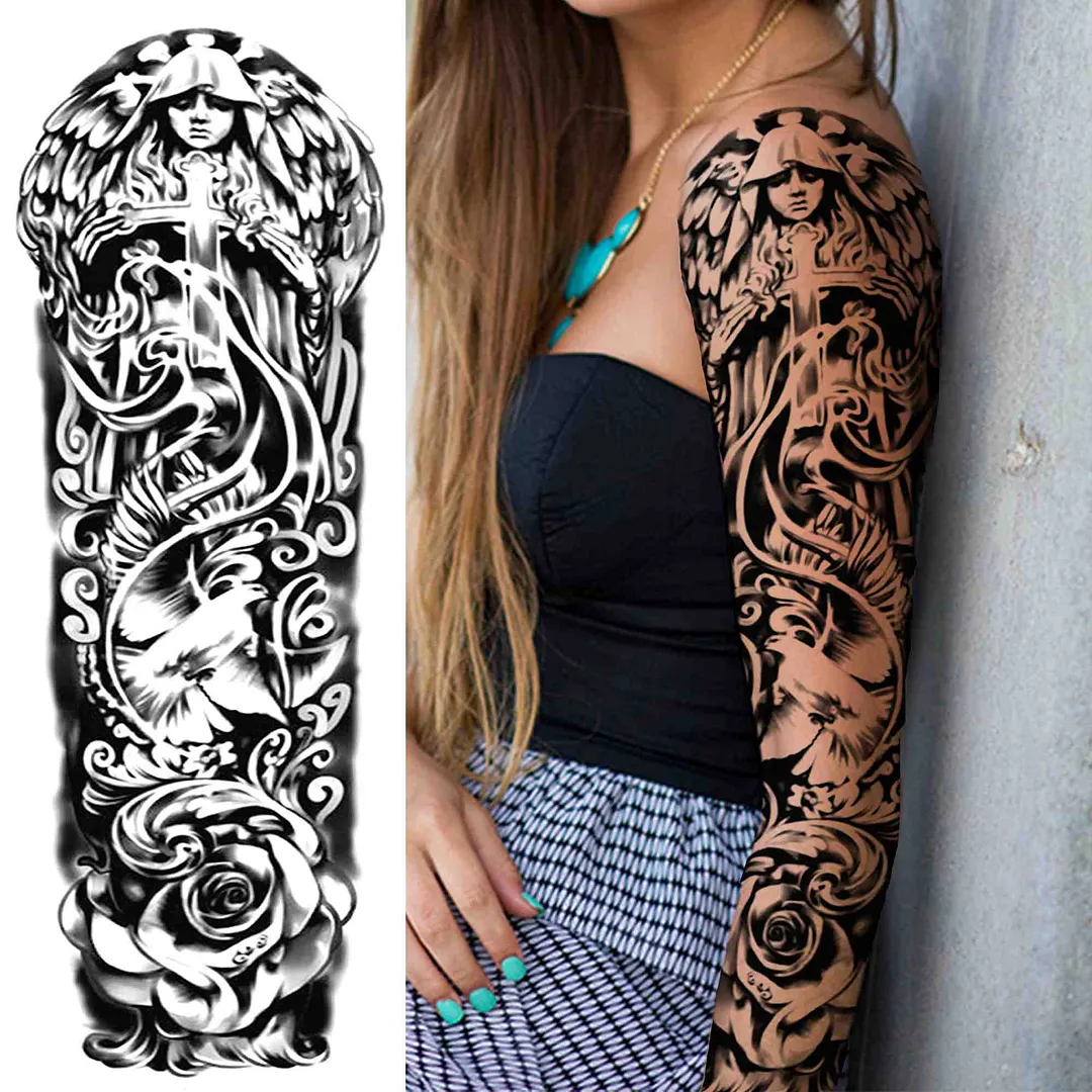 Sexy Girl Flower Temporary Tattoos For Women Men Black Lion Triangle Tattoo Sticker Fake Tribal Full Arm Sleeve Tatoos Paste 1108-1