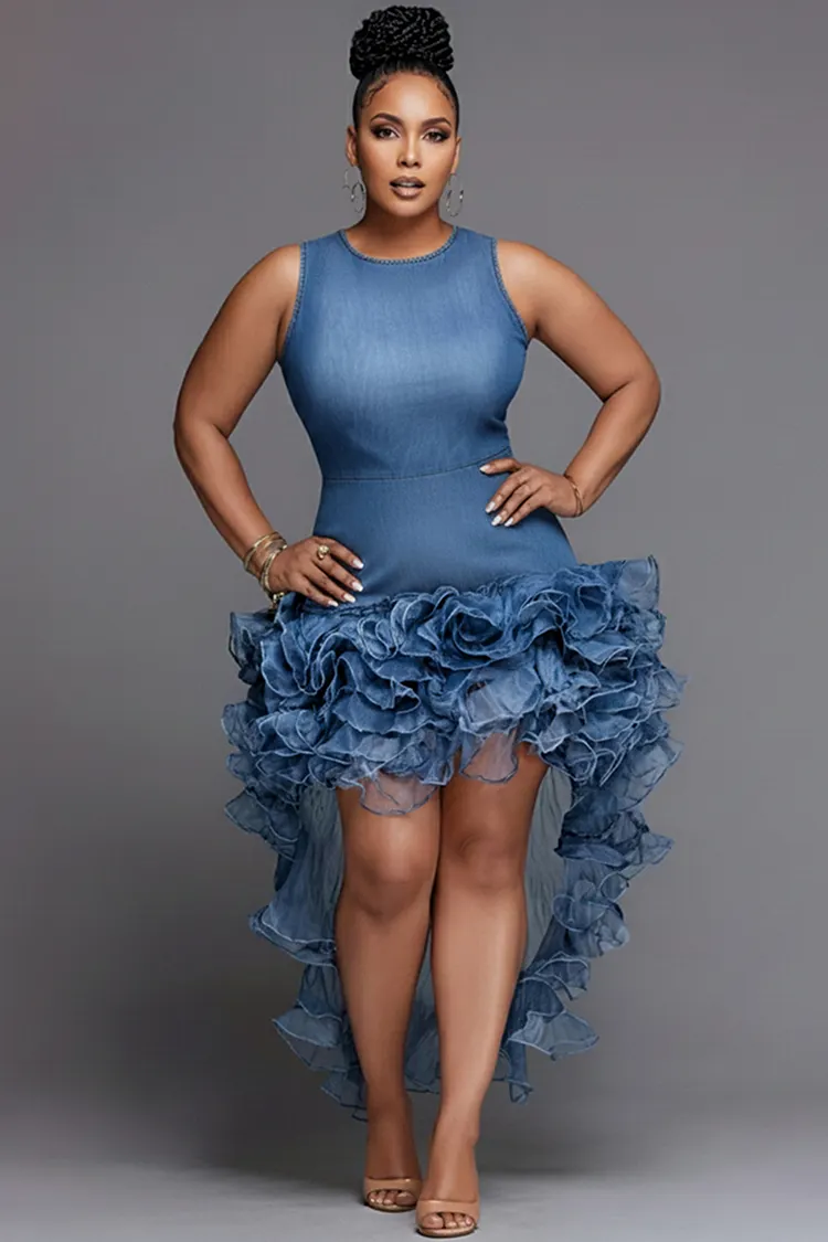 Xpluswear Design Plus Size Party Organza Blue Round Neck Ruffle High Low Hem Denim Mini Dresses 2024 - Xpluswear