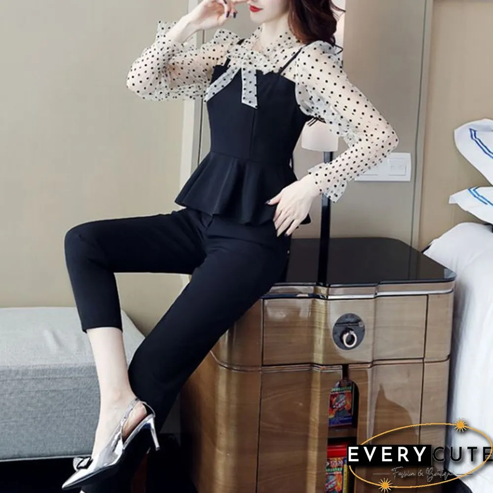 Office Fashion Two Piece Pants Sets Outfits Women Bow Dot Print Patchwork Tunics Tops + Pants Suits Korean Workwear Sets